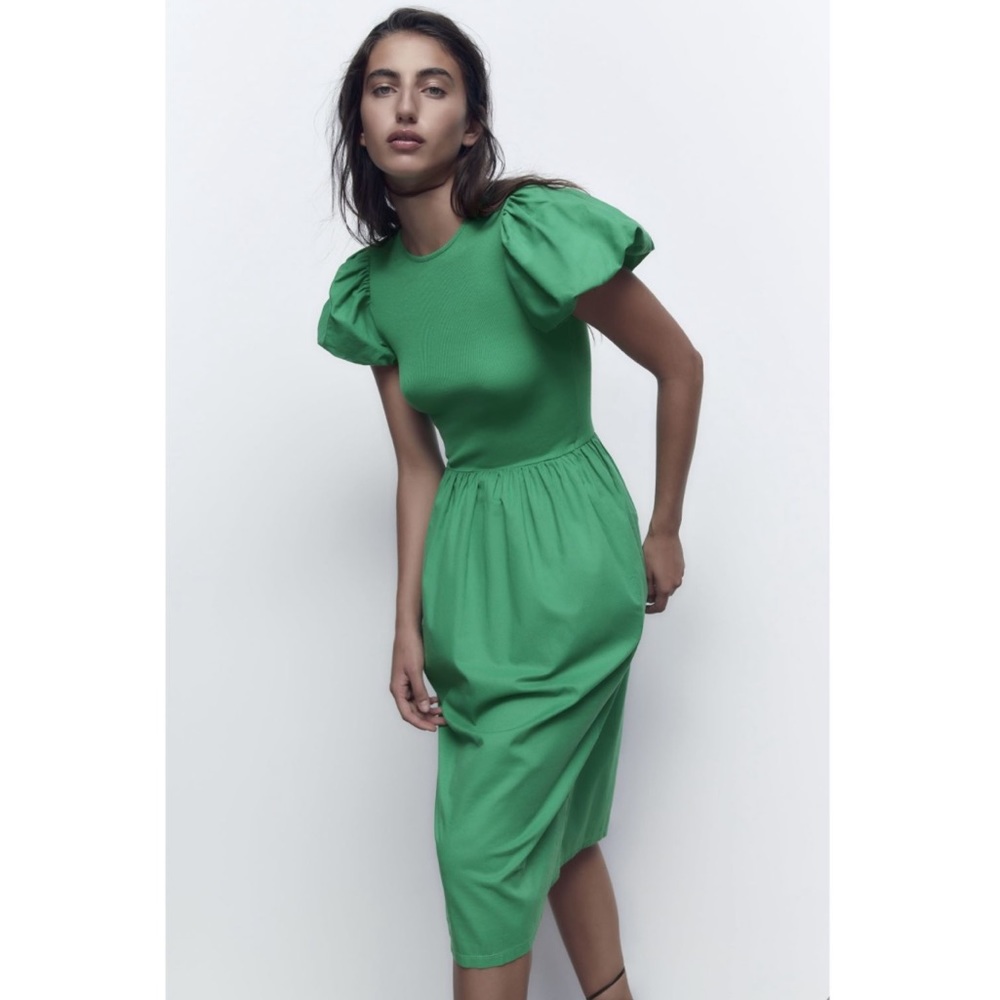 NWT Zara Combined Puff Sleeve Midi Dress in Green, Size L